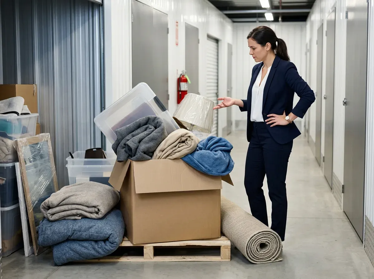 Woman in a business suit assessing an overfilled open box with blankets and a lamp shade in a self-storage hallway.